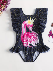 Flamingo Print Ruffled Onesie Swimsuit for Baby Girls
