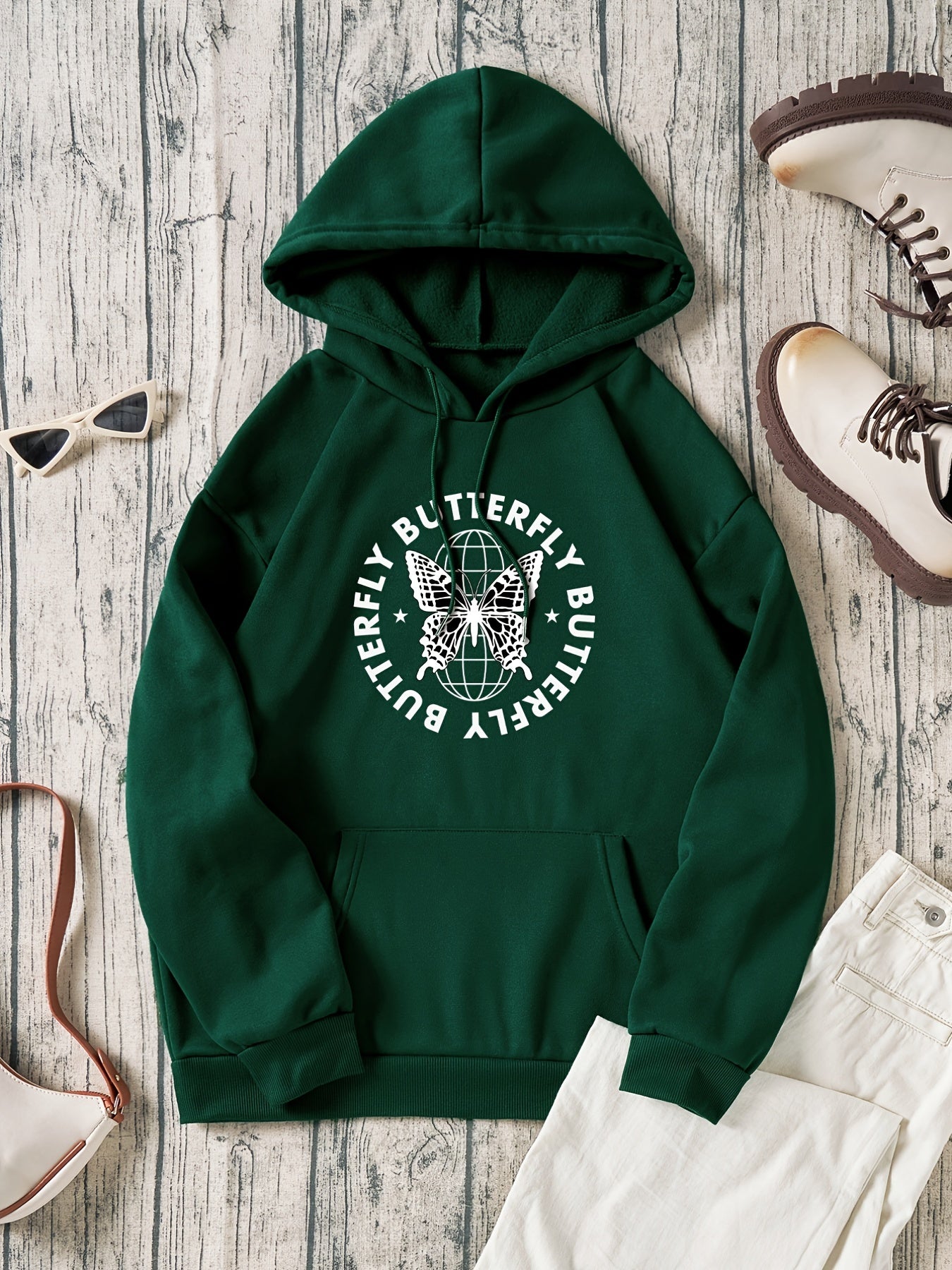 Butterfly & Letter Print Drawstring Sweatshirt Top Long Sleeve Pullover Hoodie