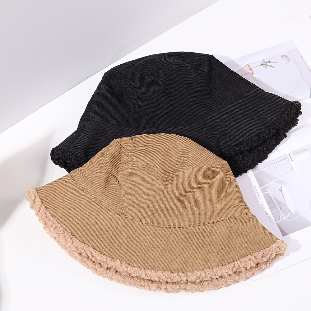 Warm Lamb Wool Bucket Hat Fleece Corduroy Flat Top 4 Colors