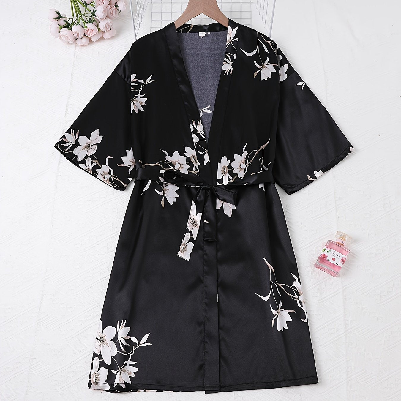 Floral Print Night Robe Short Sleeve V Neck Women's Sleepwear