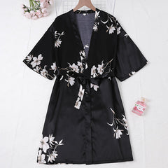 Floral Print Night Robe Short Sleeve V Neck Women's Sleepwear