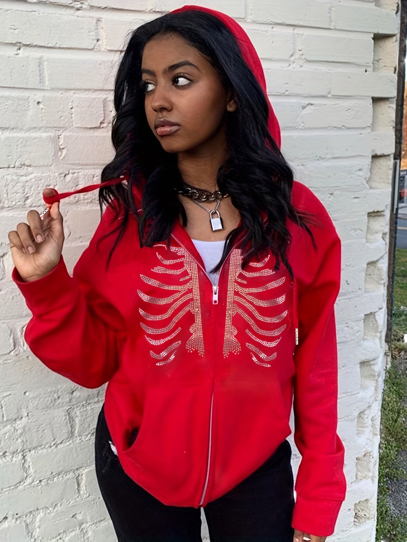 Rhinestone Zipper Jacket Hooded Outerwear for Women