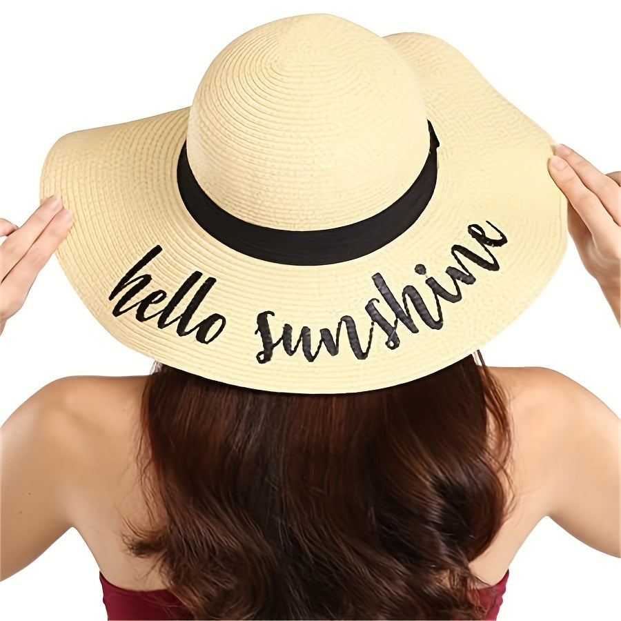Sunshine Embroidery Sun Hat Wide Brim Floppy Khaki Straw Hat
