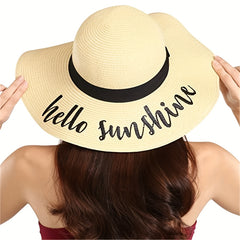Sunshine Embroidery Sun Hat Wide Brim Floppy Khaki Straw Hat