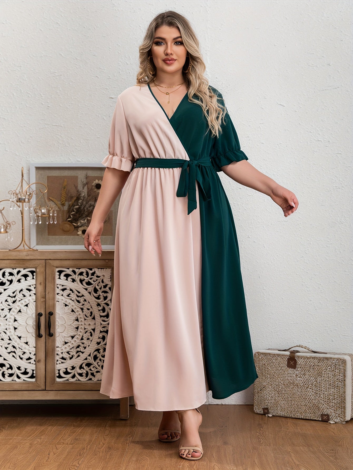 Colorblock Puff Sleeve Maxi Dress With Belt