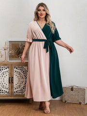 Colorblock Puff Sleeve Maxi Dress With Belt