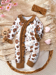 Newborn Baby Girl Floral Print Ruffle Jumpsuit With Headband