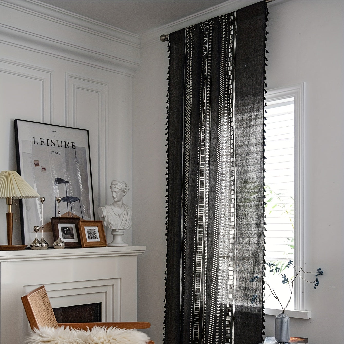 Geometric Printed Tassel Rod Pocket Curtain Cotton Linen Kitchen Bay Window