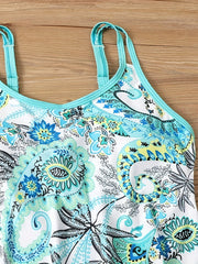 Paisley & Leaf Print Tankini Set with Cami Top & Shorts