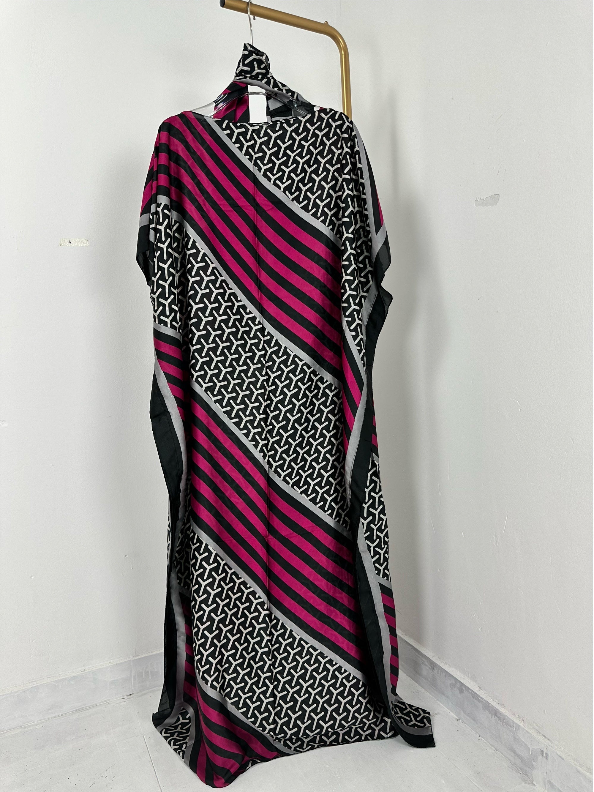 Colorblock Stripe Geometric Print Batwing Kaftan Dress
