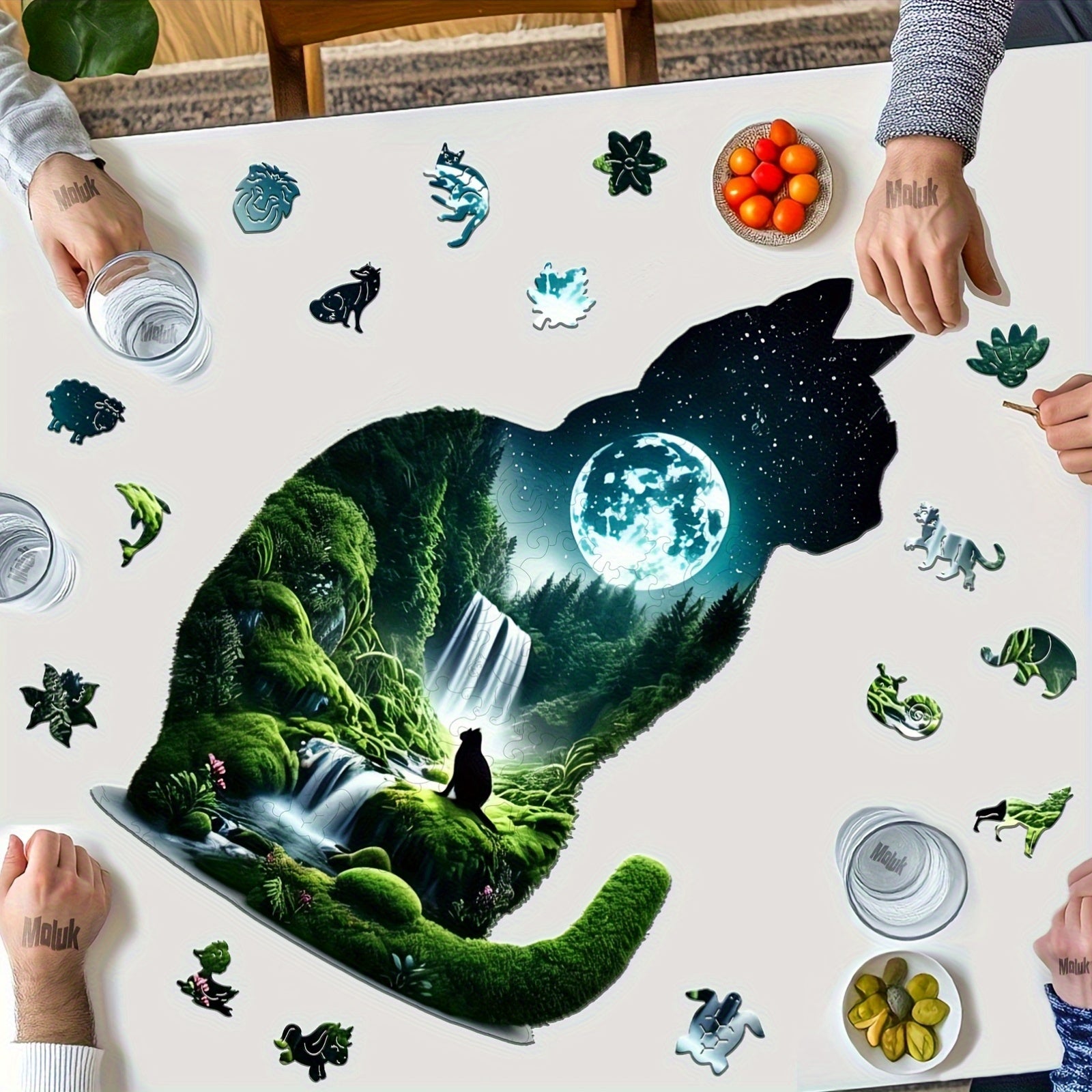Moonlit Waterfall Cat Wooden Puzzle Challenging Brain Teaser for Adults