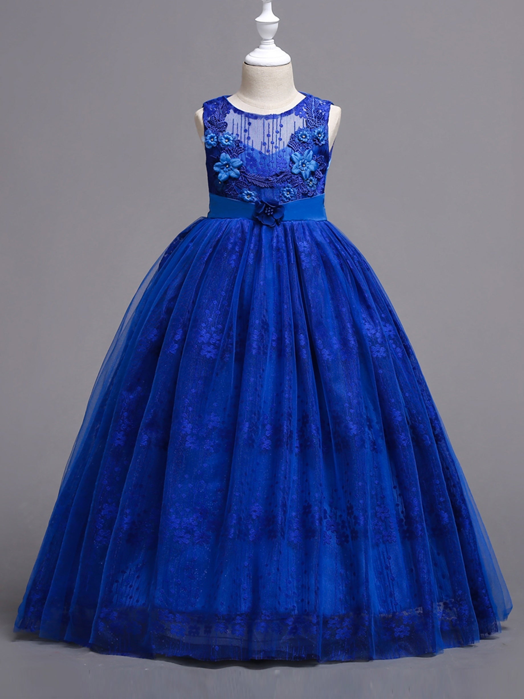 Girls Mesh Flower Embroidery Princess Dress Sleeveless Vintage Tulle Dress
