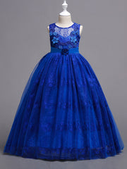 Girls Mesh Flower Embroidery Princess Dress Sleeveless Vintage Tulle Dress