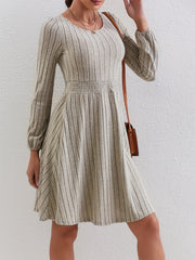 Solid Crew Neck Shirred Waist Dress Casual Every Long Sleeve Dress