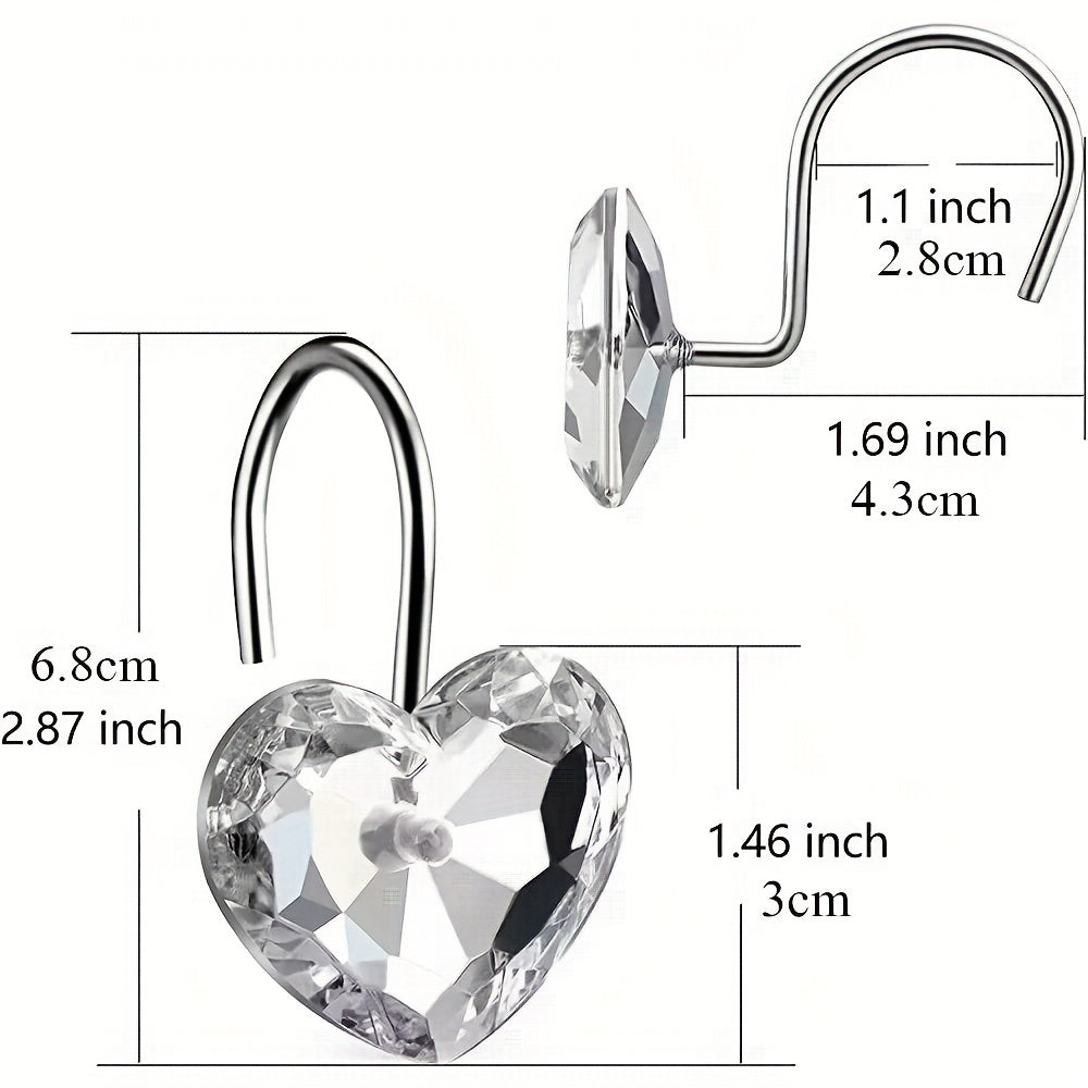 12pcs Heart Shower Curtain Hooks Acrylic Rhinestone Love Decorative Bathroom Acc