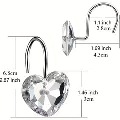 12pcs Heart Shower Curtain Hooks Acrylic Rhinestone Love Decorative Bathroom Acc