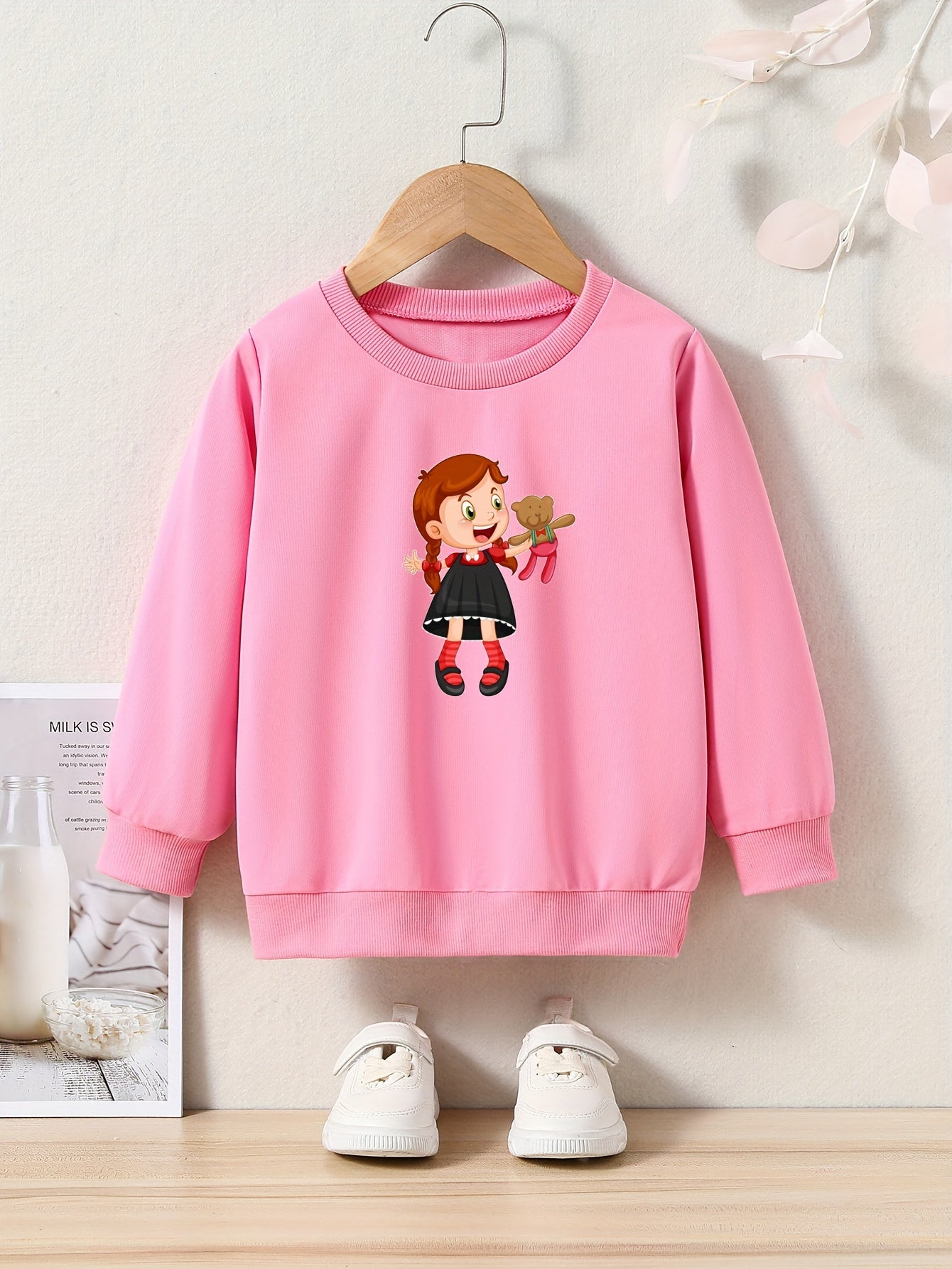 Anime Girl & Bear Doll Print Girls Sweatshirt Long Sleeve Crew Neck Tops