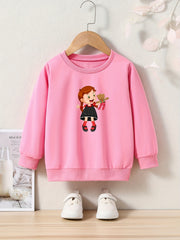 Anime Girl & Bear Doll Print Girls Sweatshirt Long Sleeve Crew Neck Tops