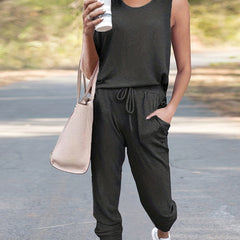 Solid Two piece Pants Set Crew Neck Tank Top & Drawstring Pants