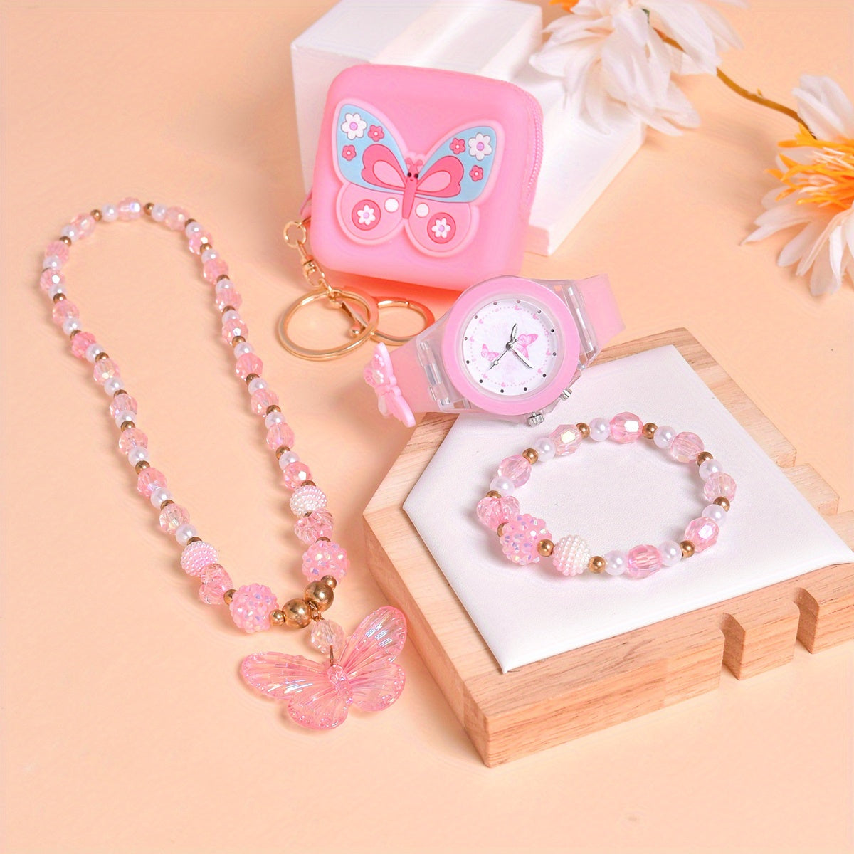 Girls Butterfly & Floral Quartz Watch Silicone Bracelet Set