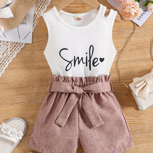 Toddler Girls Letter Smile Heart Cut Out Tank Top & Shorts Set
