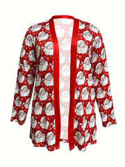 Christmas Cardigan Women's Open Front Santa Print Long Sleeve