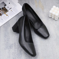 Women's Square Toe Court Pumps Black Chunky Mid Heels