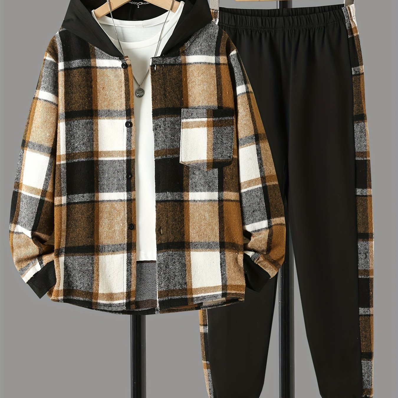 Boys 2pcs Hooded Shirt & Sweatpants Set Plaid Pattern Long Sleeve Top