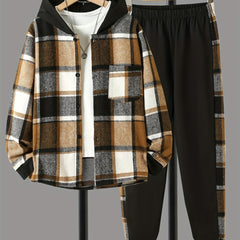 Boys 2pcs Hooded Shirt & Sweatpants Set Plaid Pattern Long Sleeve Top
