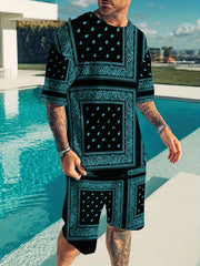 Bandana Print Men's 2Pcs Outfits Crew Neck Short Sleeve T shirt And Shorts Set