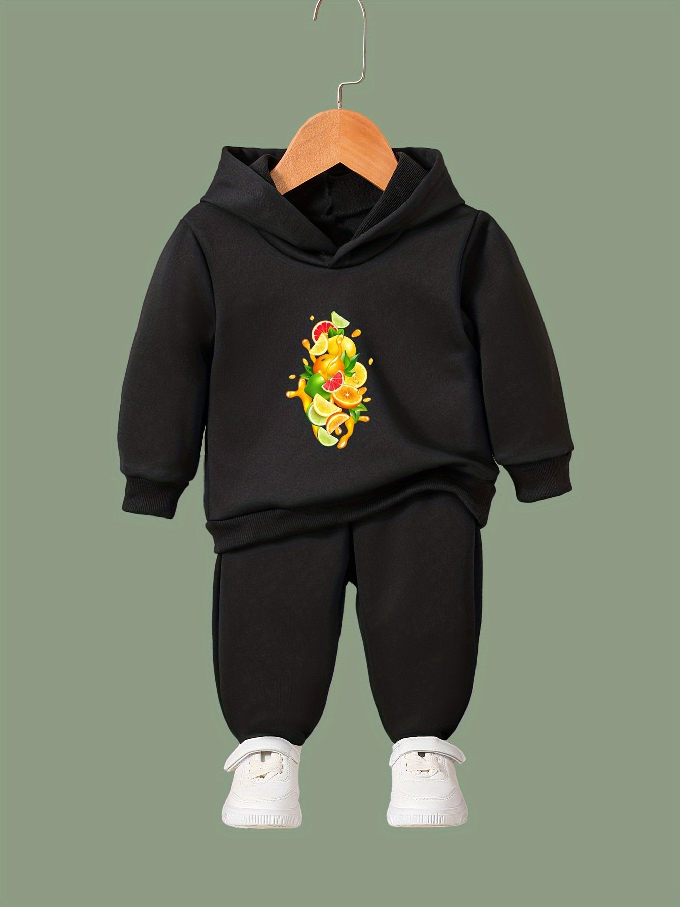 Cartoon Fruit Print Hooded Pullover Pants Set For Sports Spring Fall Gift