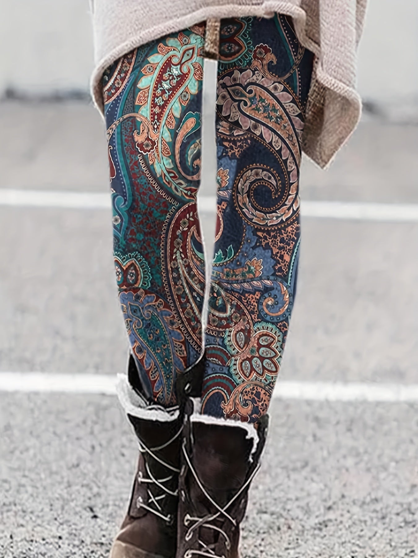 Boho Leggings Women's Plus Paisley Floral Print High Rise