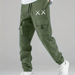 Cross Print Cargo Pants Men's Flap Pocket Trousers