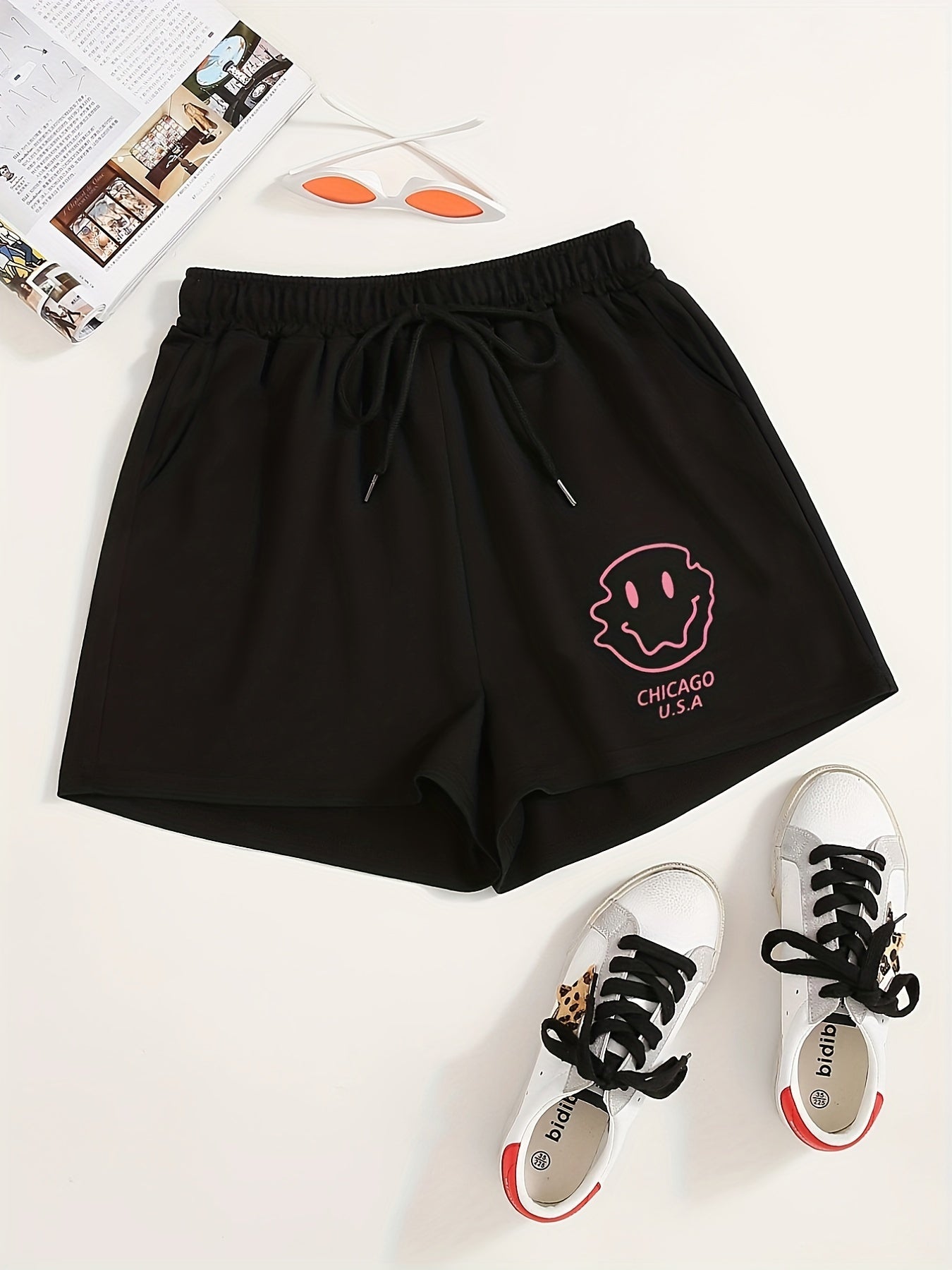 Smile Face Print Yoga Shorts Drawstring Waist Casual Summer Spring