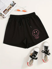 Smile Face Print Yoga Shorts Drawstring Waist Casual Summer Spring
