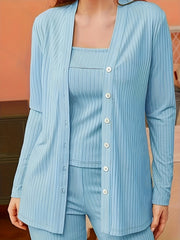 Ribbed Lounge Set Long Sleeve Button Top & Cami Top & Pants