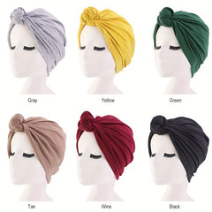 Knotted Pleated Turban Cap Solid Elastic Bonnet Chemo Cap