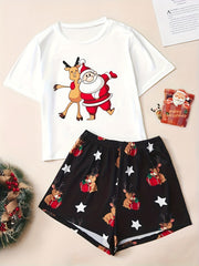 Christmas Print Lounge Set Short Sleeve Top & Shorts Women's Sleepwear