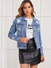 Distressed Denim Jacket Long Sleeves Street Style Coat