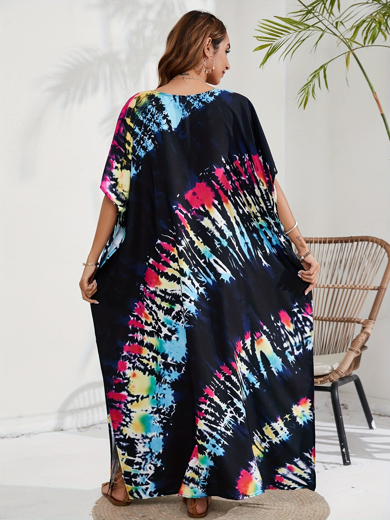 Tie Dye Batwing Sleeve V Neck Maxi Split Cover Up Dress