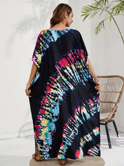 Tie Dye Batwing Sleeve V Neck Maxi Split Cover Up Dress