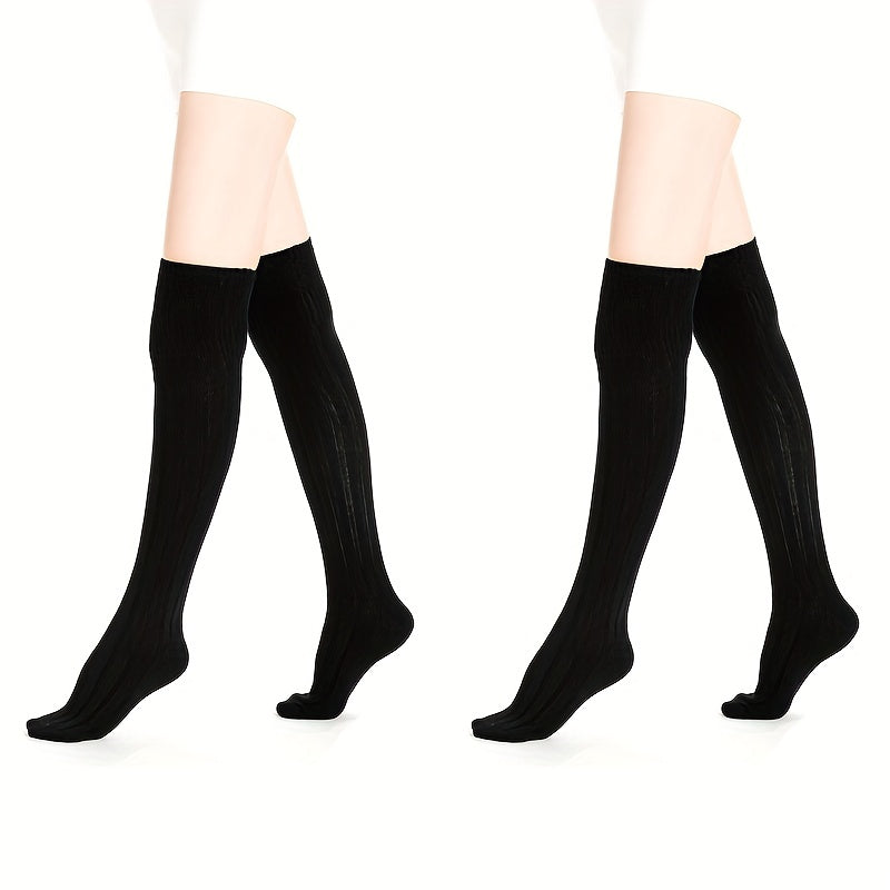 2 Pairs Solid Thigh High Socks Women's Stockings