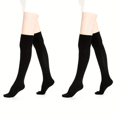 2 Pairs Solid Thigh High Socks Women's Stockings