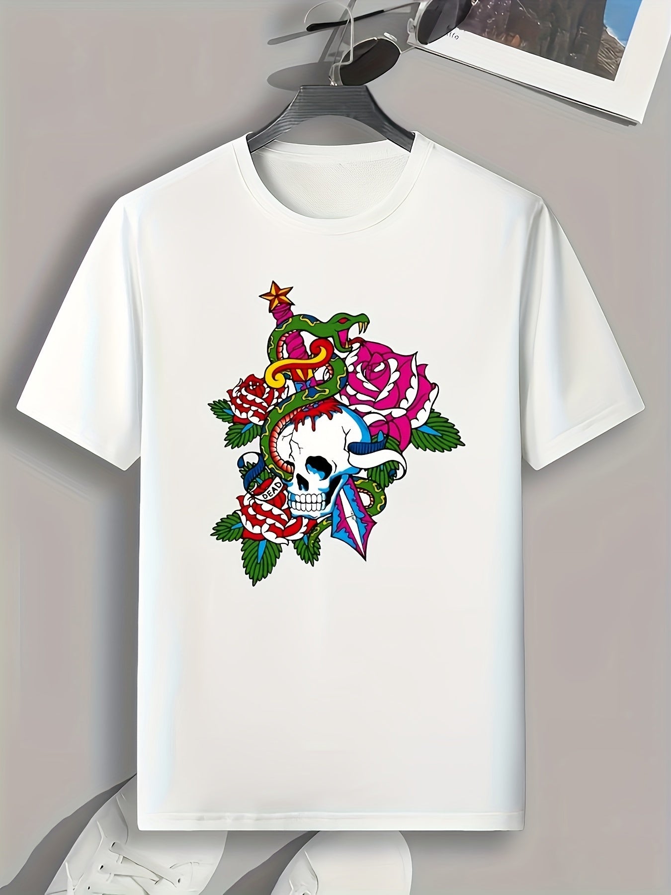 Skull Flowers Print Men's Graphic T-shirt for Summer