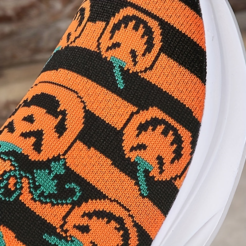 Women's Ghost Face Pumpkin Pattern Shoes Halloween Slip On Low Top Sock Sneakers