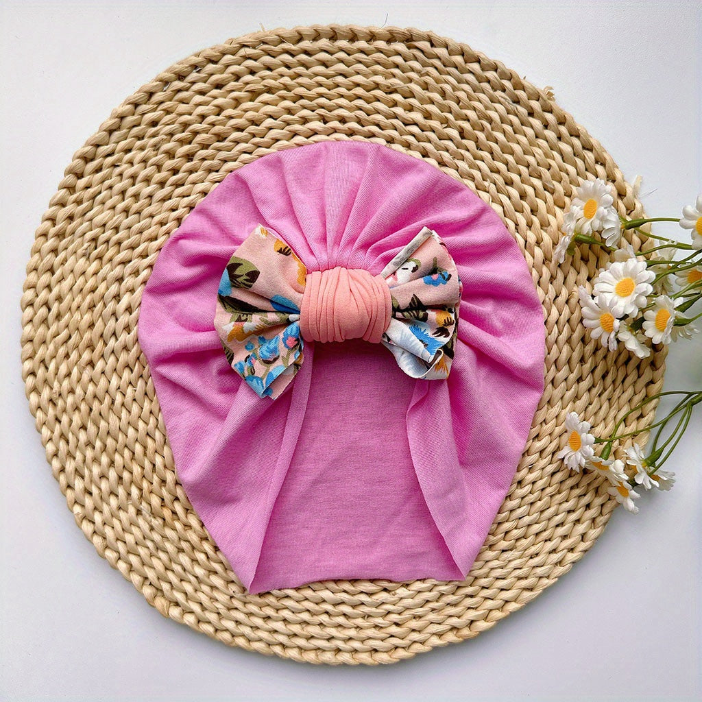 Soft Elastic Strip Flower Baby Hat Pink Bow Girl