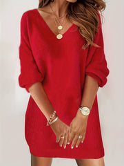 Casual Dress Women's Solid Long Sleeve V Neck Stretch Mini Dress