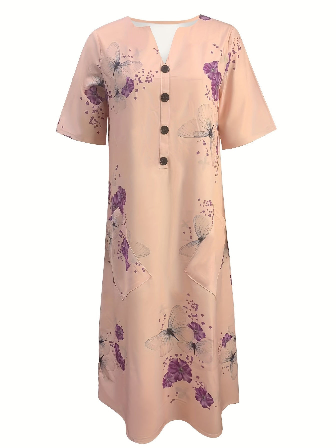 Floral & Butterfly Print V Neck Dress Button Front Short Sleeve Dress