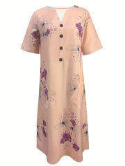 Floral & Butterfly Print V Neck Dress Button Front Short Sleeve Dress