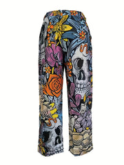 Men's Casual Pattern Printed Loose Wide Leg Trousers Side Pocket Pants